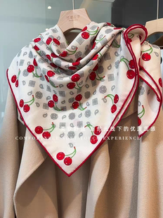 「樱桃老花」韩系复古真丝羊毛方巾女春秋季 双面同色印花披肩围巾
