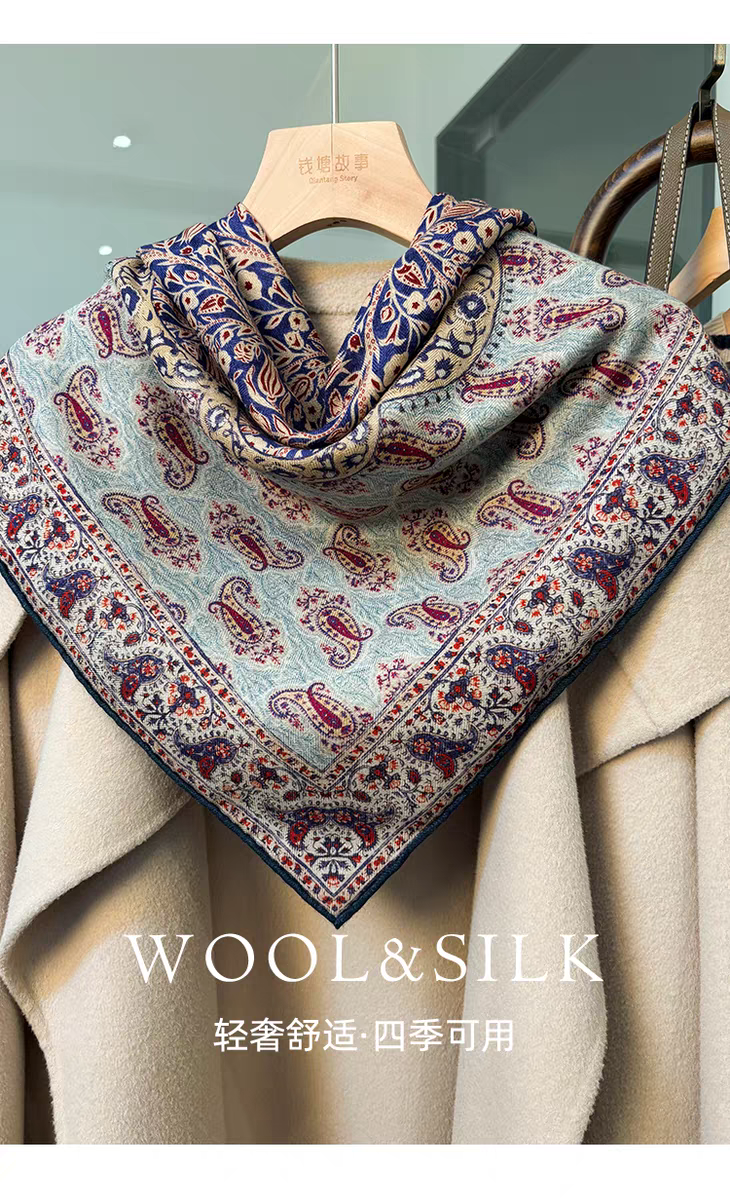 古典雾霾蓝氛围感！雅致高奢丝毛围巾女春秋真丝羊毛方巾披肩围脖