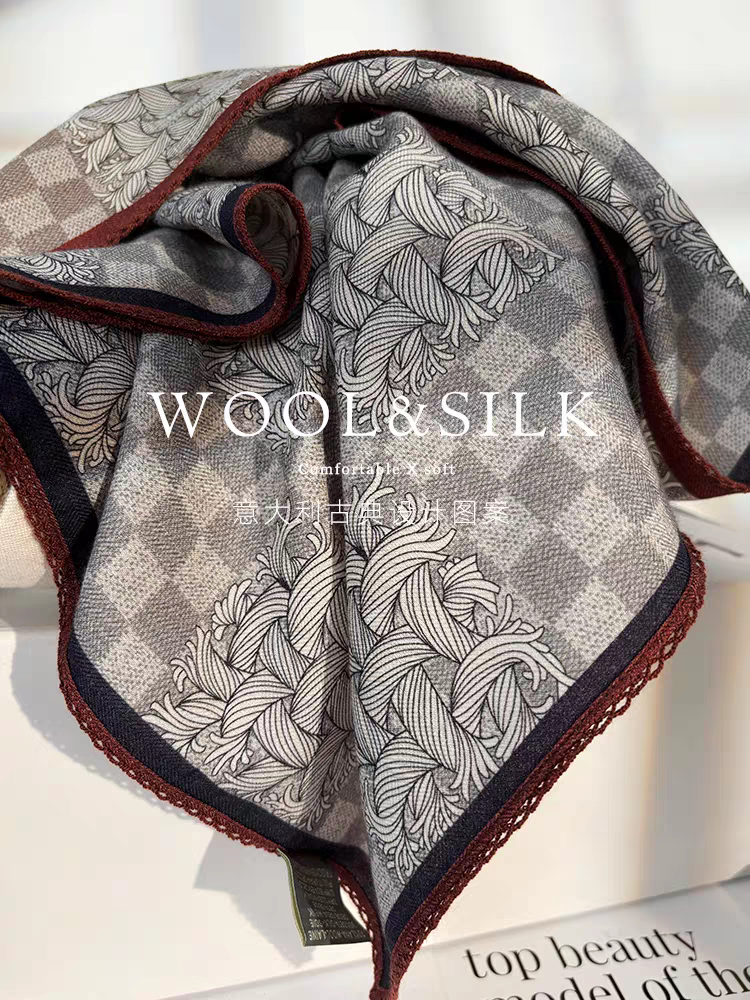 意大利老钱编织！高档真丝羊毛围巾女春秋季勾边丝毛方巾领巾两用