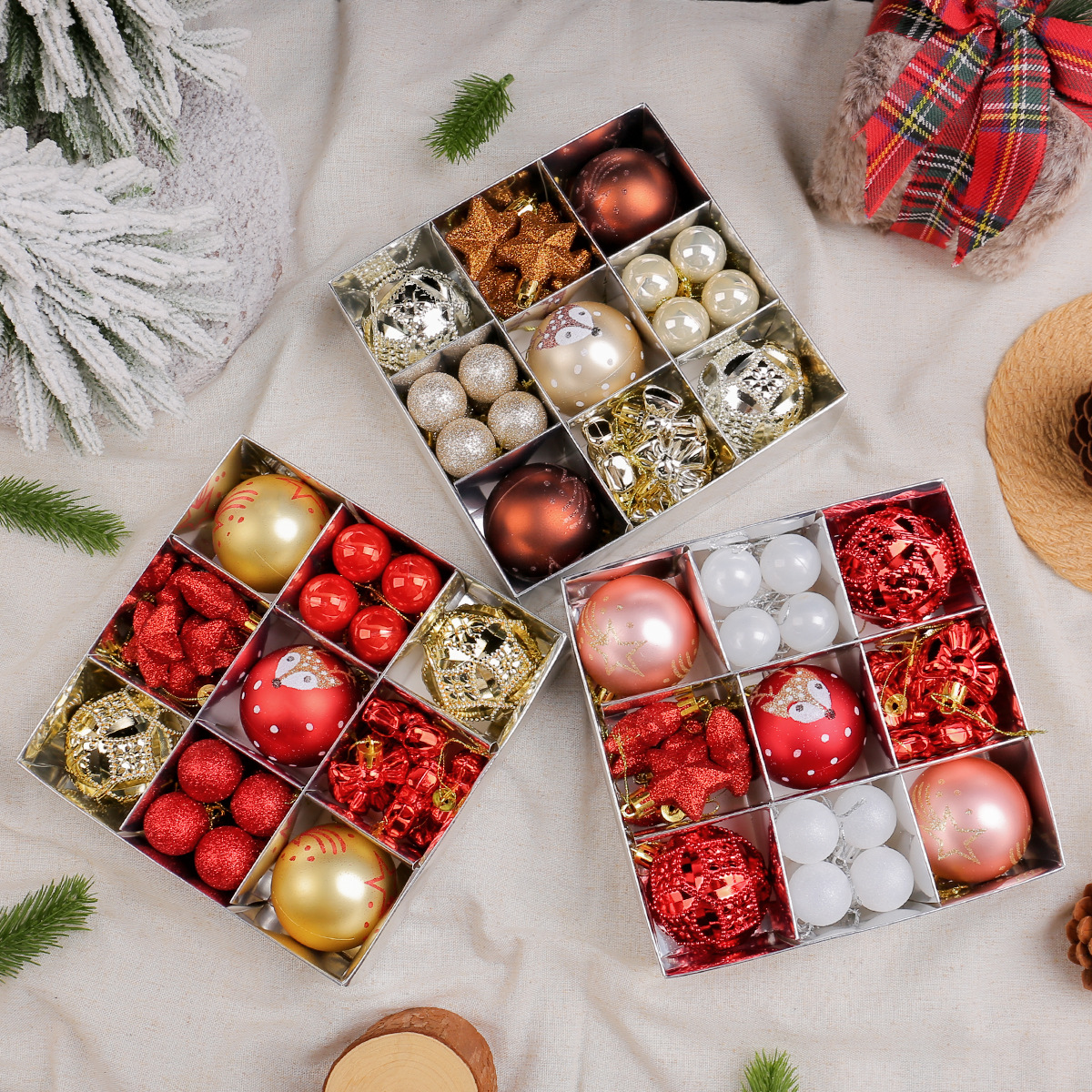 跨境新款圣诞球礼盒套装创意彩绘异形塑料电镀吊球圣诞树装饰挂件