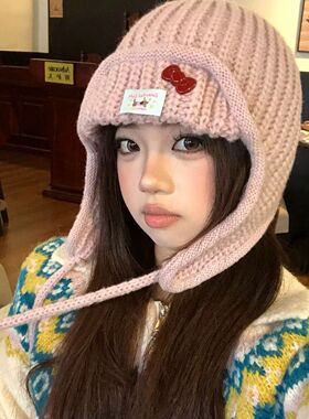 韩系可爱粉色针织毛线帽女秋冬保暖飞行帽护耳百搭户外包头帽针织