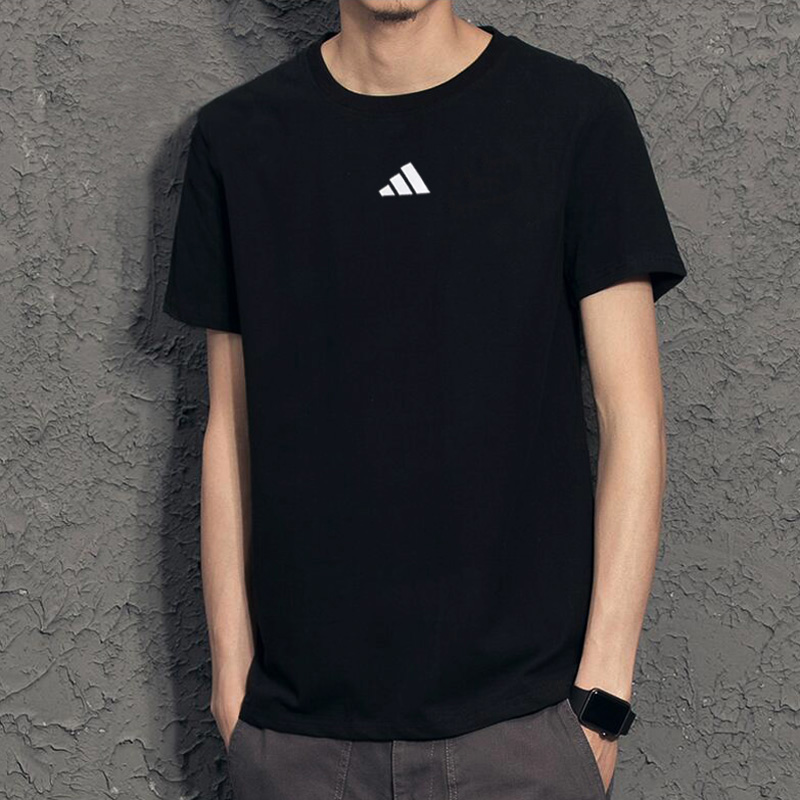 阿迪达斯黑色T恤男装夏季新款男士休闲短袖跑步运动服纯棉短袖