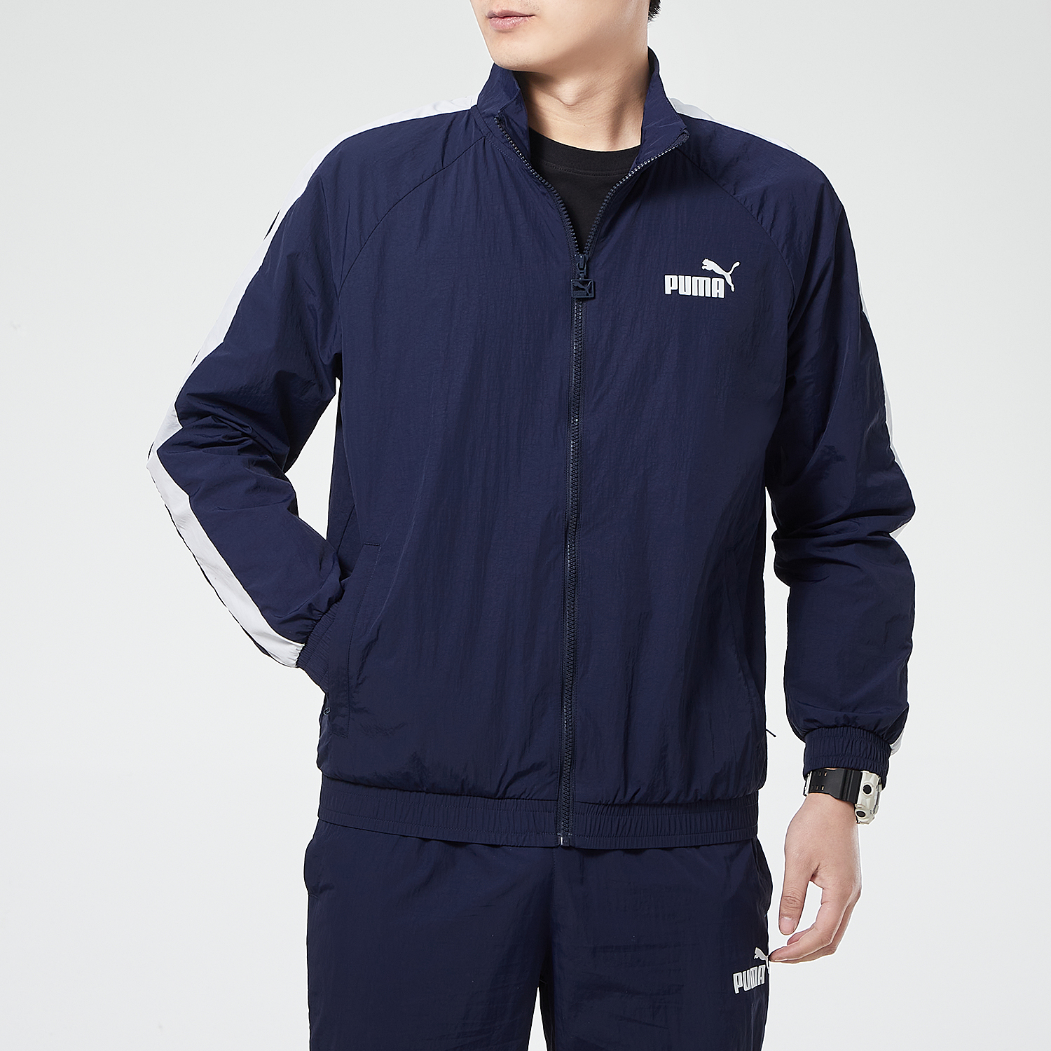 PUMA彪马男装梭织夹克户外复古深蓝色立领运动服撞色休闲外套