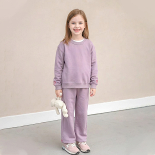 Hello Emily童装时髦春装全棉紫色卫衣长裤套装女童洋气两件套076