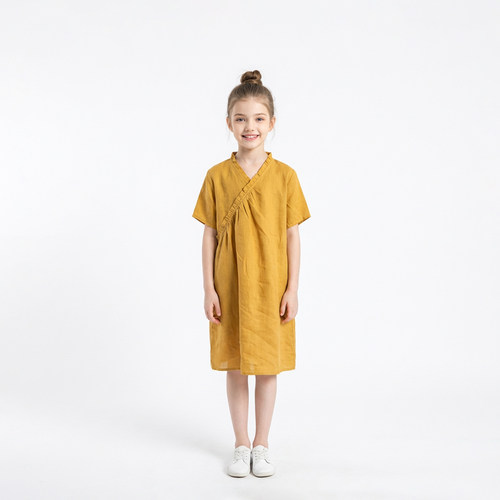 短袖黄色苎麻连衣裙夏装旗袍裙子