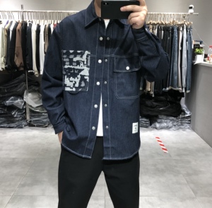 2023秋款新款男士美式休闲翻领牛仔衬衫潮流工装拼色宽松衬衣外套