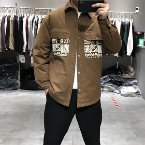 2023冬季男士翻领口袋印花衬衫款羽绒服潮流休闲韩版百搭保暖外套