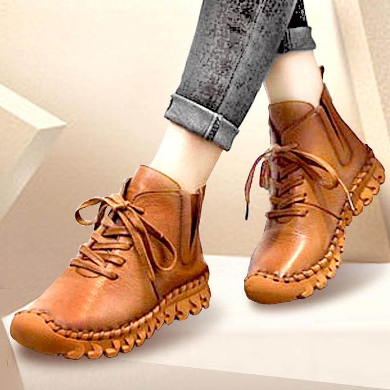 妈妈短靴女头层牛皮软底手工鞋