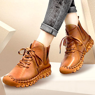 牛皮皮鞋女中老年舒适款高帮休闲平底真皮厚底软底不累脚手工短靴