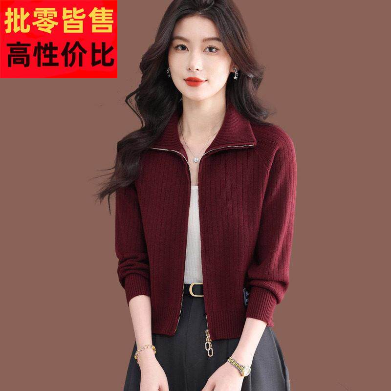 小个子毛衣外套女秋冬新款翻领拉链配裙气质外搭短款羊毛针织开衫