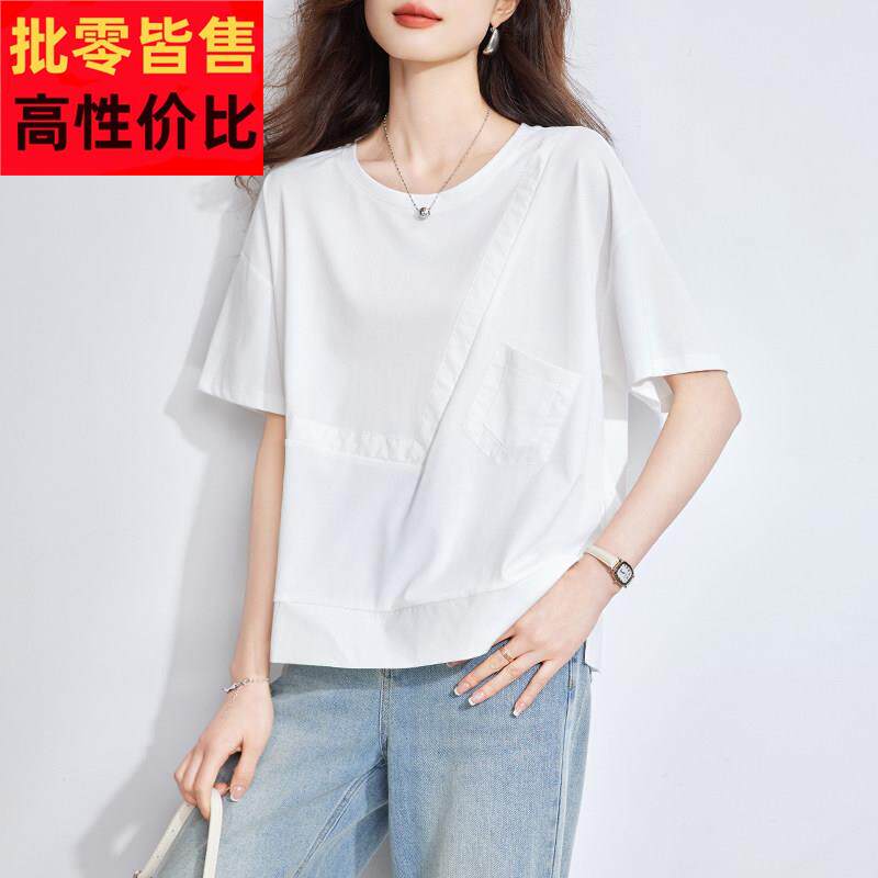 2025夏季新款圆领时尚百搭口袋短袖T恤宽松休闲简约上衣小个子女