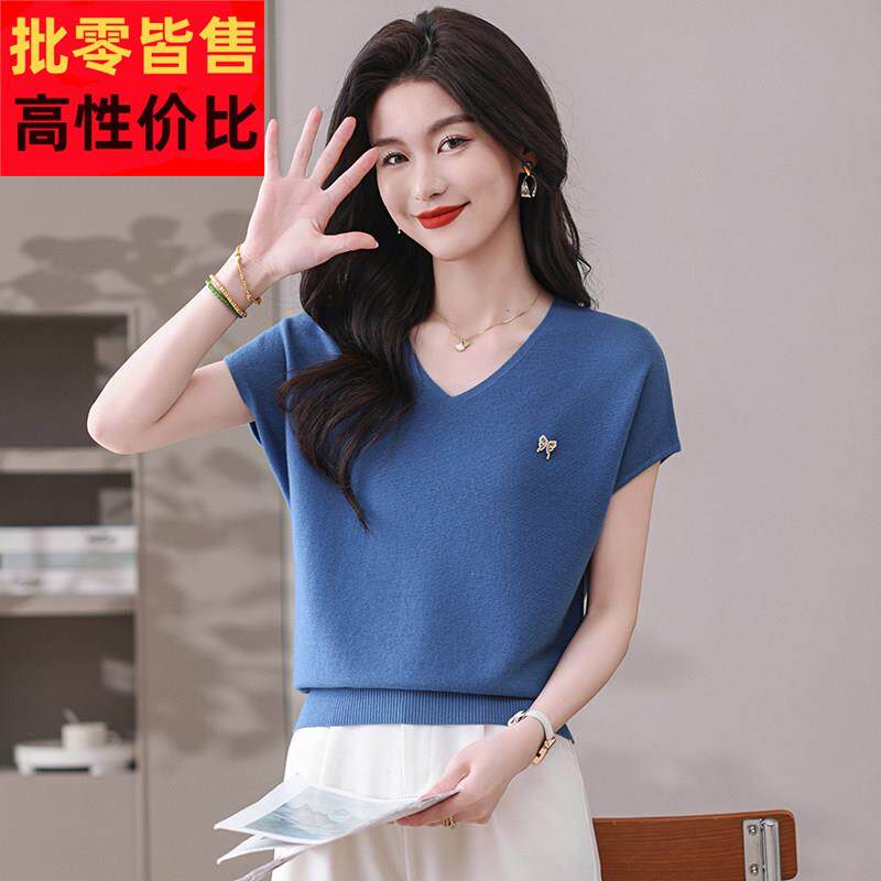 2025新款夏季冰丝短袖t恤女士针织衫V领短款宽松薄款减龄显瘦上衣
