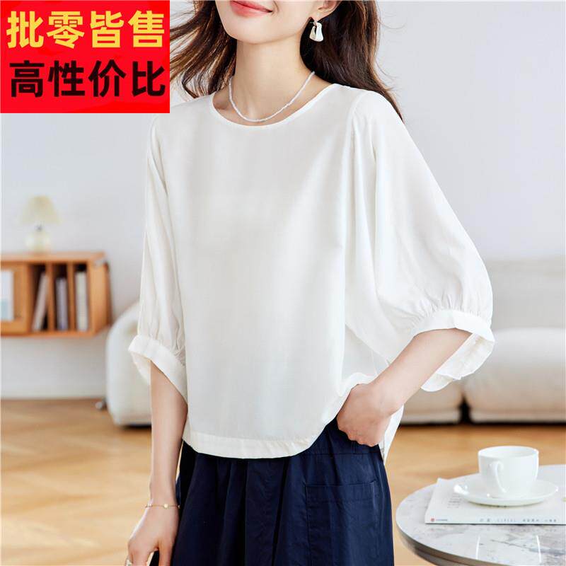 白色雪纺蝙蝠衫T恤女夏装圆领中袖不规则遮肚子衬衫前短后长上衣