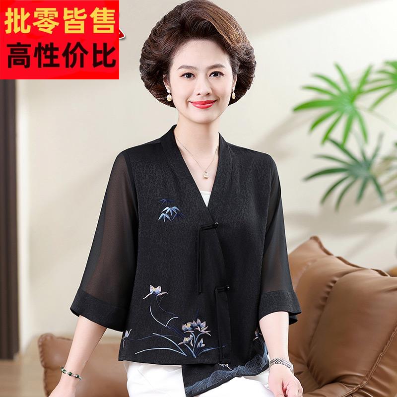 妈妈夏装新中式真丝开衫上衣2025新款洋气中老年女桑蚕丝国风小衫