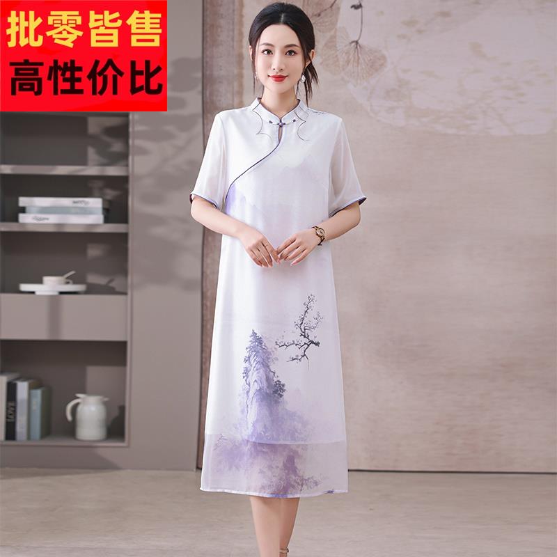 中式国风连衣裙女2025新款中老年人妈妈夏装裙子遮肚显瘦高档长裙