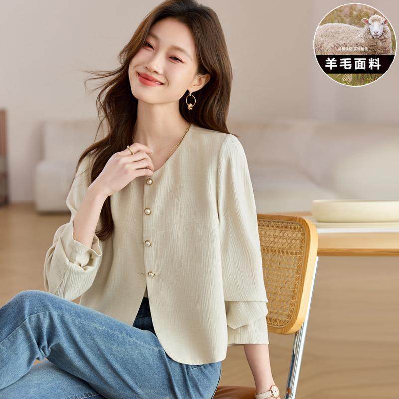 小香风短款羊毛梭织外套薄款春季新款长袖外搭上衣减龄时尚小西装