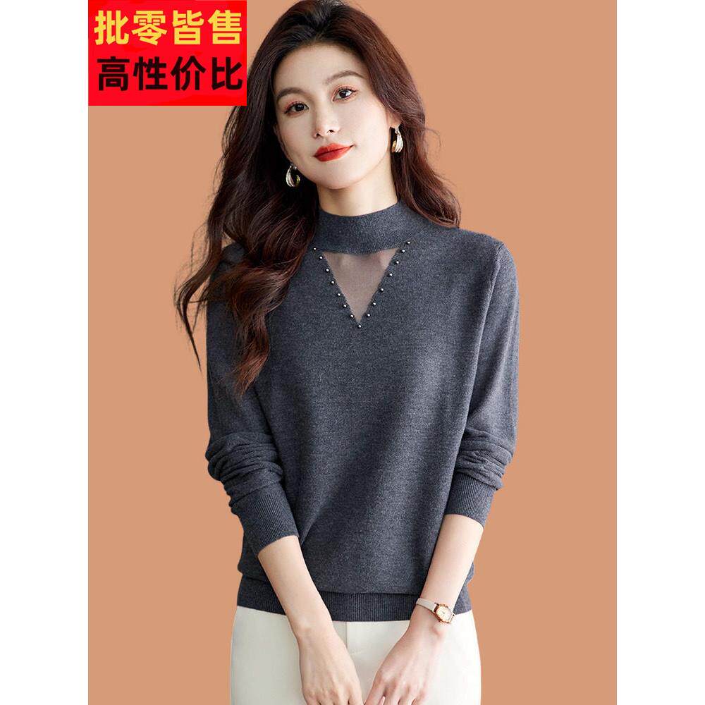 半高领毛衣女春秋装2025新款洋气妈妈薄款蕾丝羊毛针织打底衫上衣