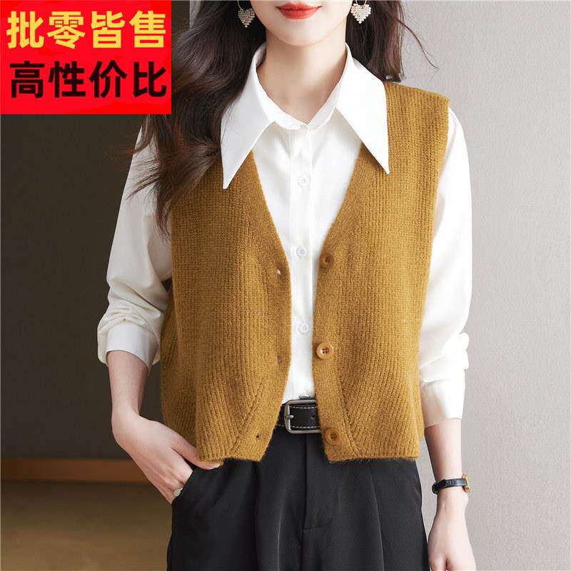 针织马甲开 衫女春秋季外搭高腰毛衣马夹外套V领无袖毛线 线背心