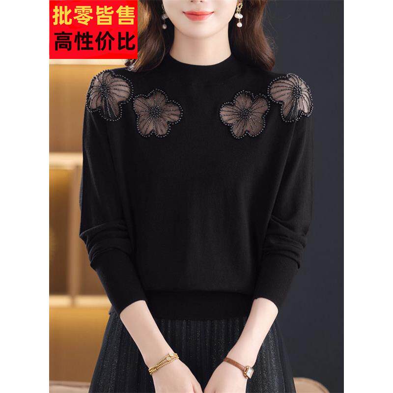 春秋季大码半高领毛衣女薄款妈妈宽松洋气上衣内搭羊毛针织打底衫