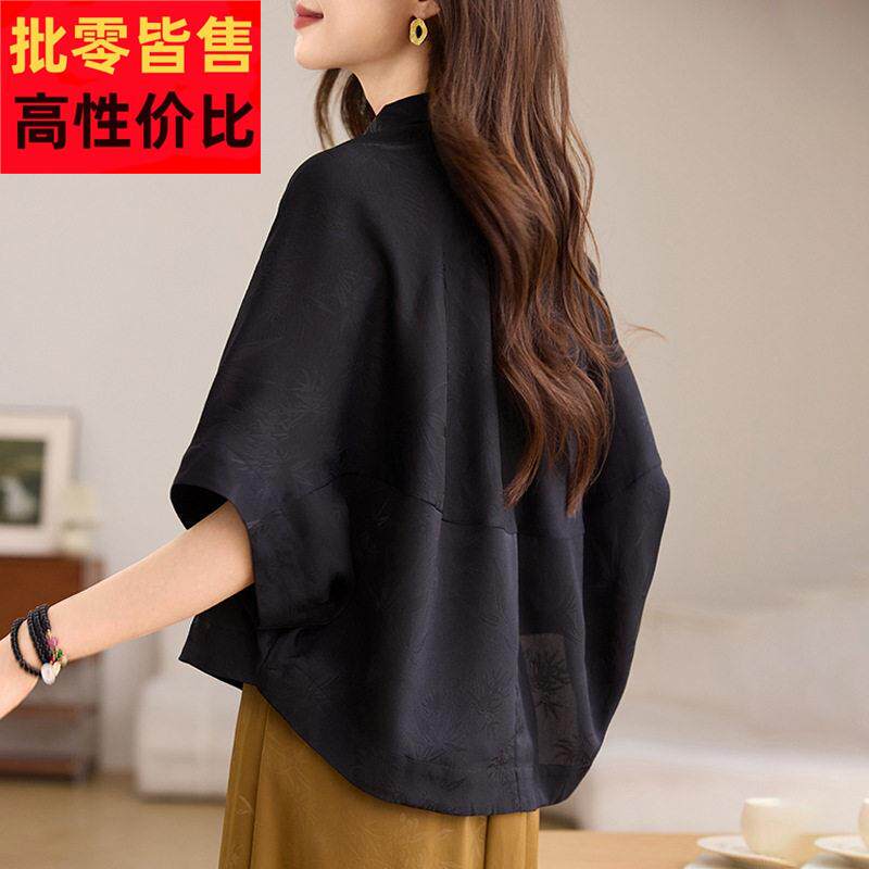 黑色雪纺蝙蝠五分袖衬衫女夏小翻领衬衫不规则遮肚T恤前短后长上
