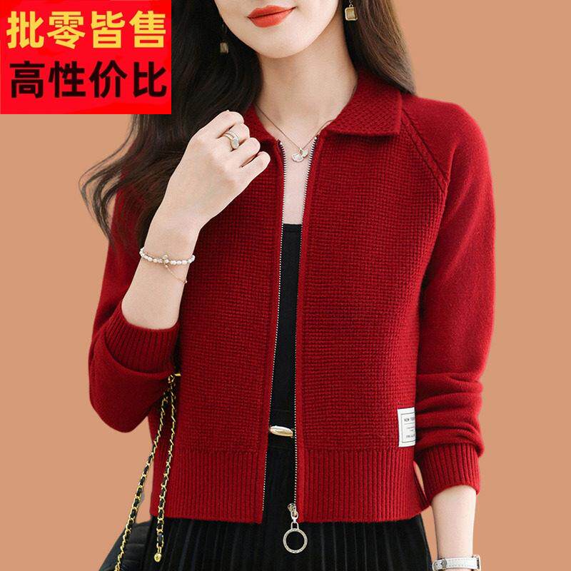 翻领毛衣外套女春装2025新款粗针小外搭披肩上衣拉链羊毛针织开衫