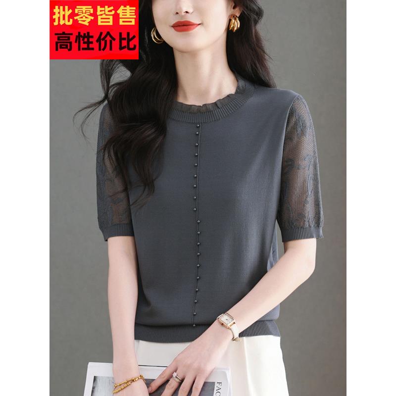蕾丝拼接桑蚕丝针织短袖女式t恤夏季新风格母亲大尺寸右肩风格冰