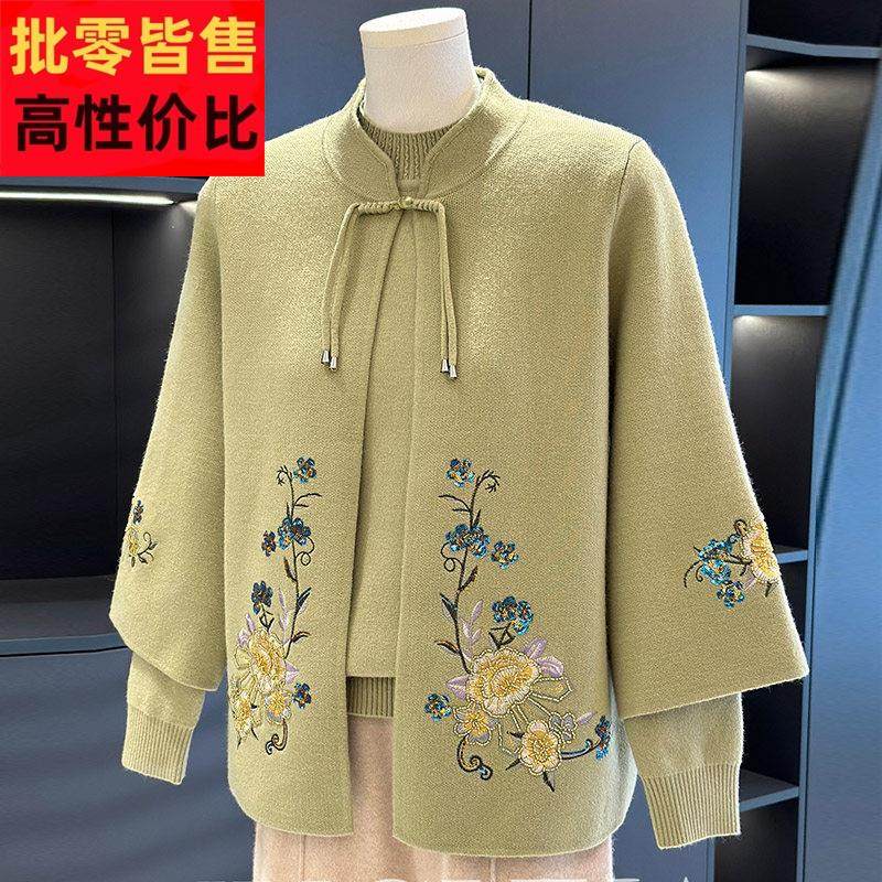 中老年刺绣一体绒毛衣套装女冬装上衣奶奶装大码妈妈装针织两件套