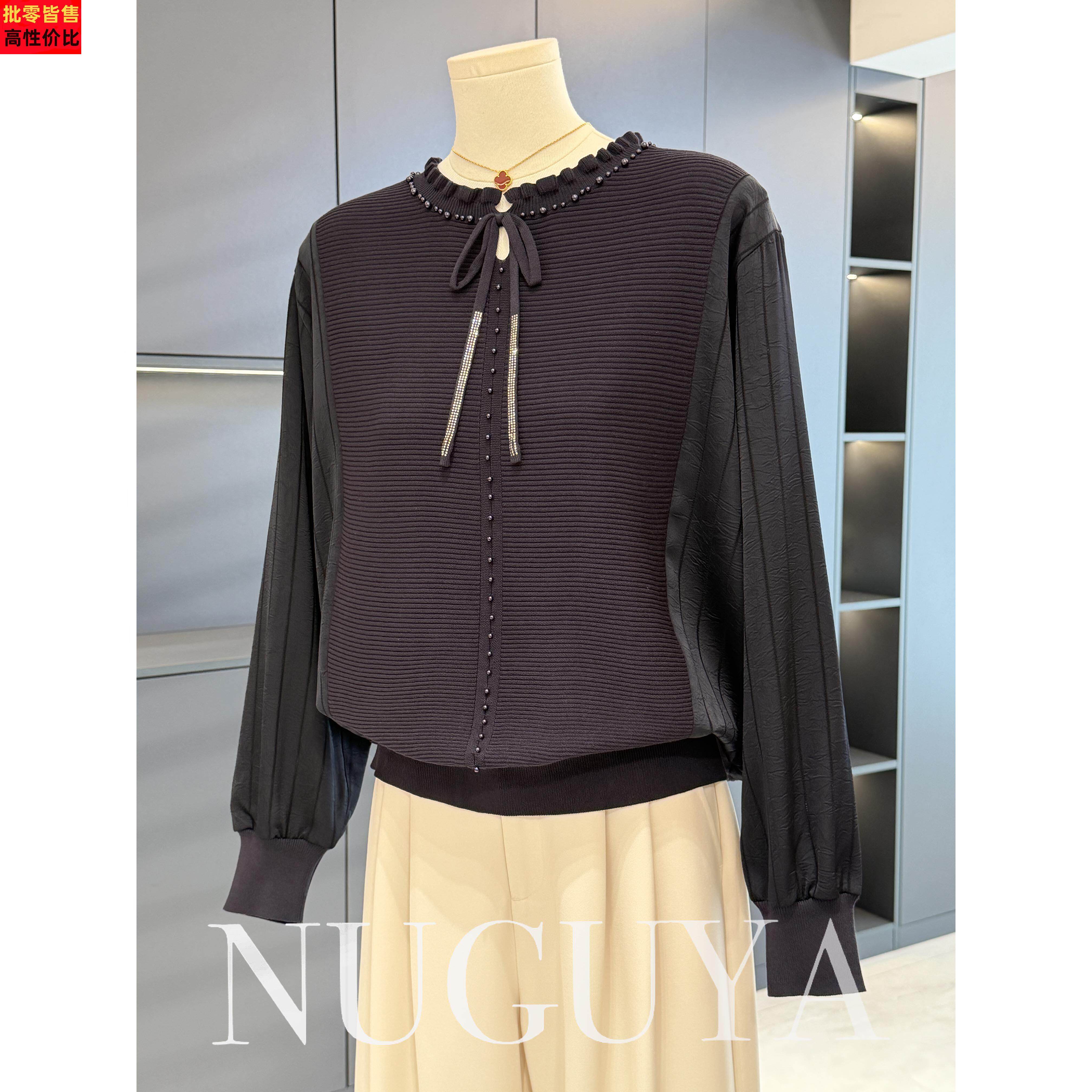 时尚洋气妈妈装雪纺拼接针织衫女系带春装新款上衣气质中年打底衫