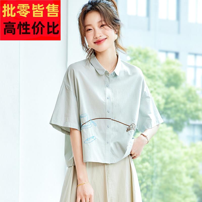 纯棉短袖衬衫女士夏季2025新款薄款轻奢高级感独特漂亮减龄款上衣