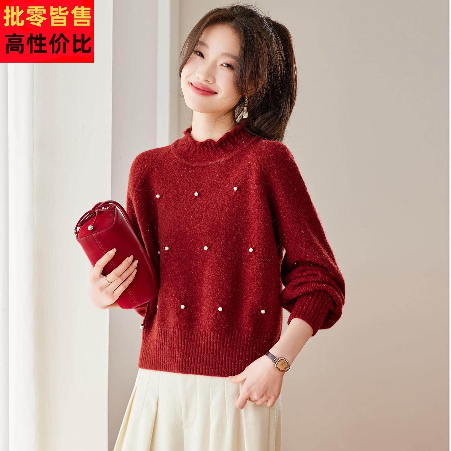 红色毛衣女款2025新款冬季时尚上衣本命年时髦洋气短款针织打底衫