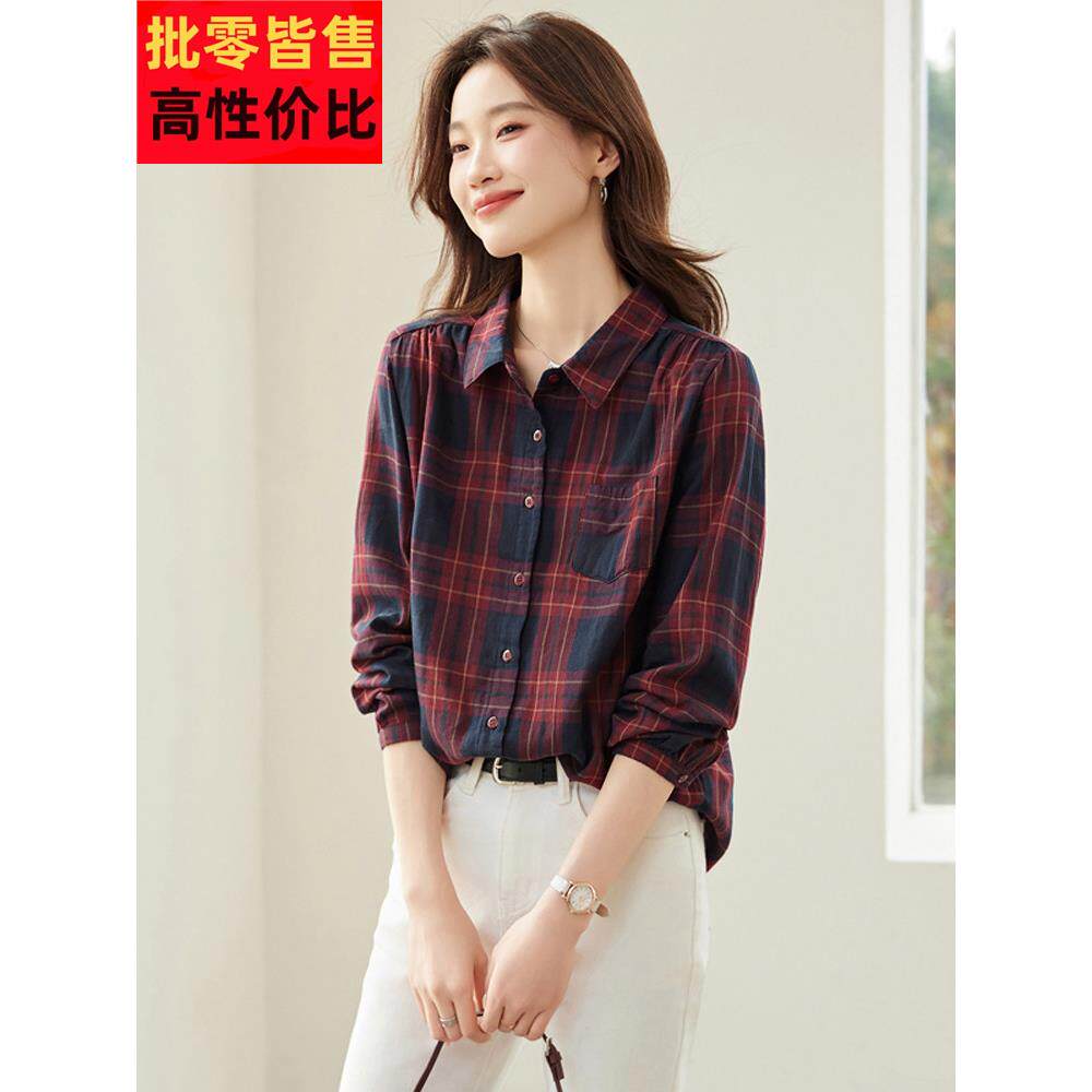 2025新款春秋红格子衬衫女式小流行棉休闲衬衫春装上衣