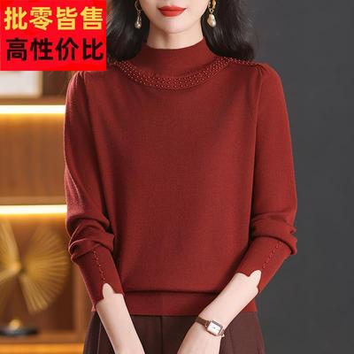 妈妈秋冬羊毛衫女宽松内搭毛衣半高领打底衫洋气上衣加大码针织衫