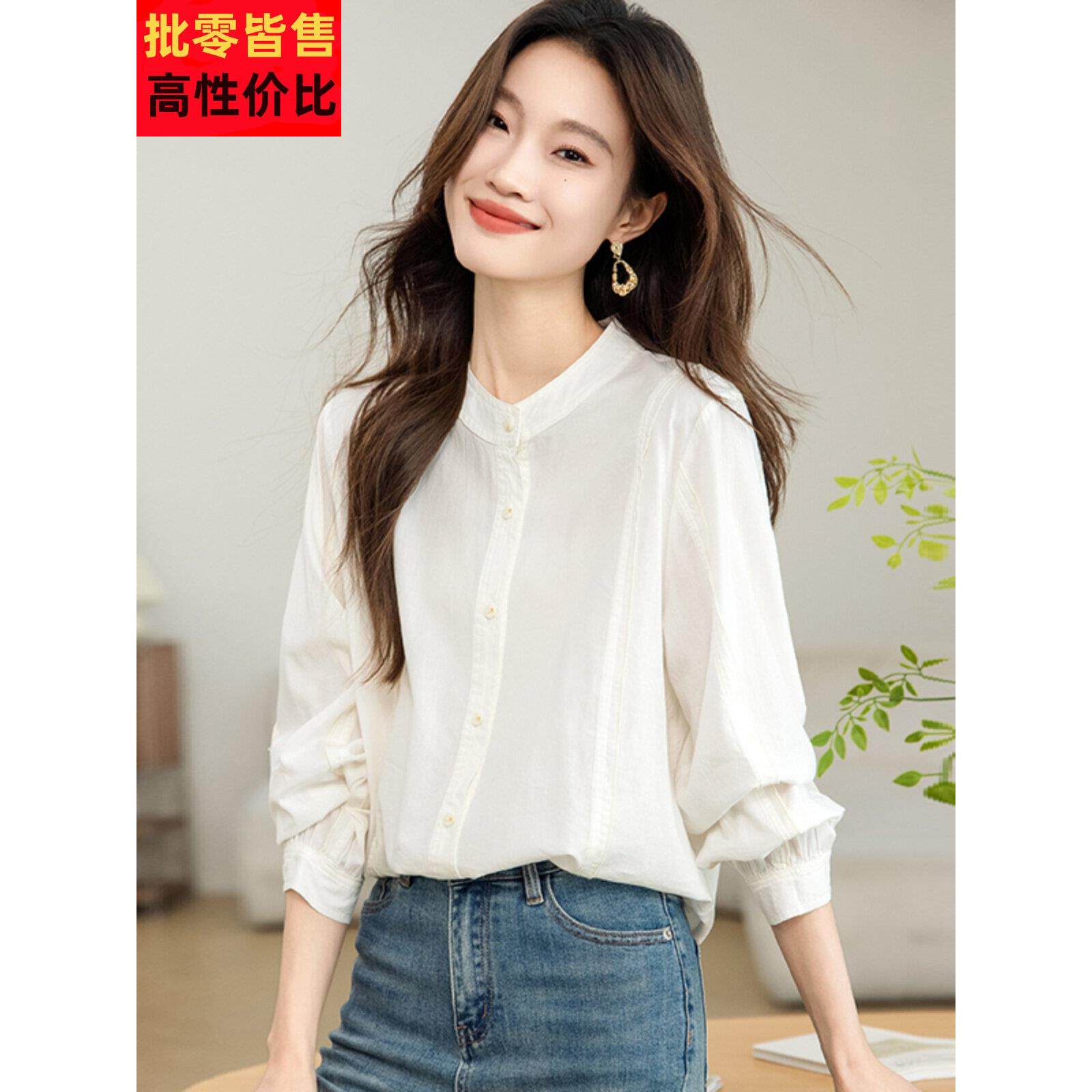 高品质纯棉无领女衬衫春秋季新款右肩休闲底裤上衣小立领内衬衫