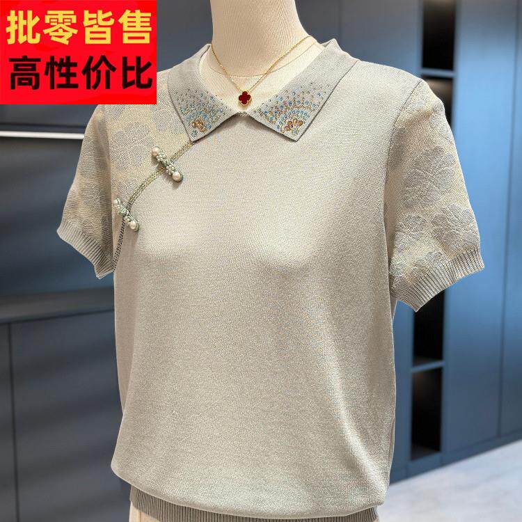 中国风时尚妈妈装针织衫女短袖夏装新款上衣减龄洋气中老年T恤衫