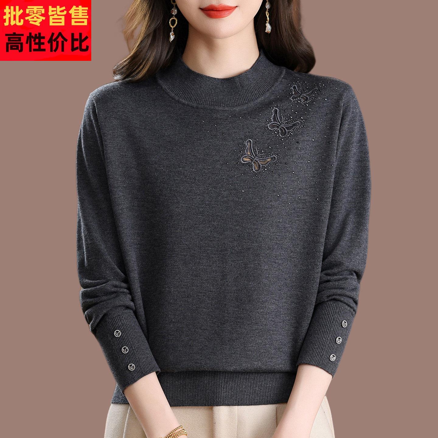 妈妈装半高领薄毛衣秋冬2025新款女士蕾丝洋派宽松羊毛针织打底衫