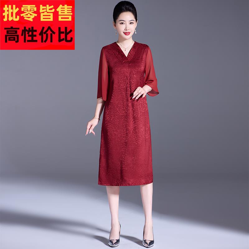 妈妈夏装洋气连衣裙女2025新款中老年喜婆婆红色喜庆高端显瘦裙子