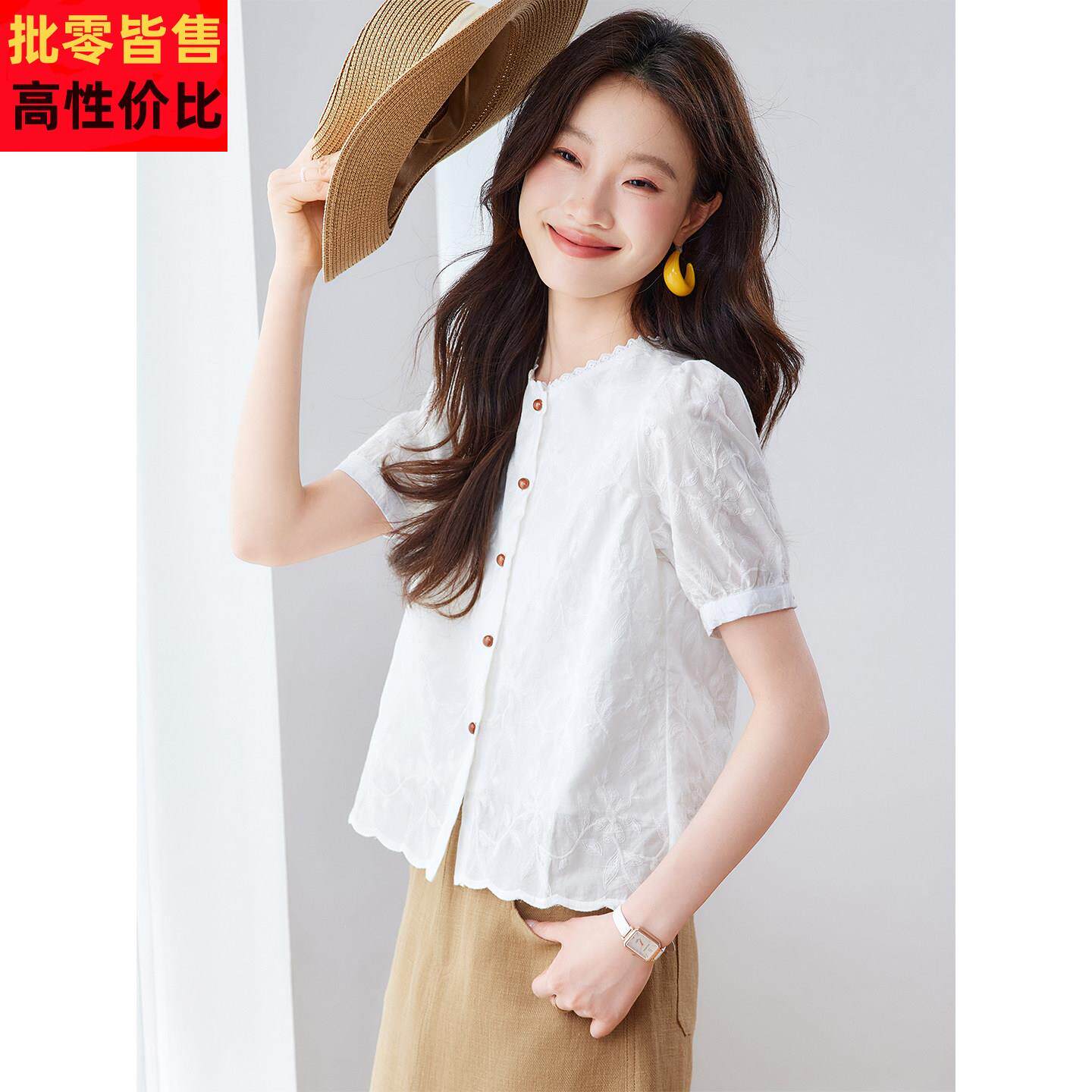 小个子短款白色纯棉刺绣衬衫上衣女2025新款夏季超火减龄洋气小衫