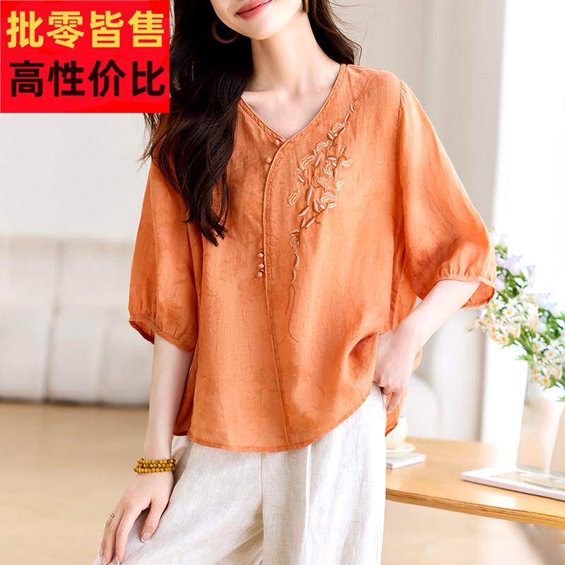 2025新款夏季短袖T恤女装宽松苎麻上衣亚麻棉麻正肩短款显瘦小衫