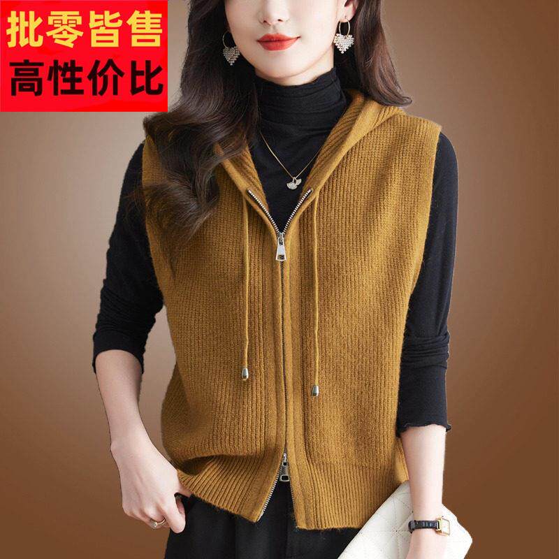 外搭穿马甲女无袖针织开衫2025春秋时尚百搭羊毛带帽背心坎肩外套