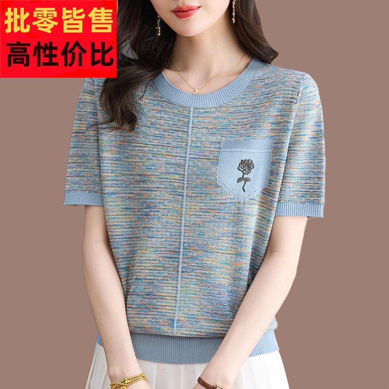 中年妈妈夏装圆领桑蚕丝短袖T恤女时尚宽松大尺码冰丝针织小衫上