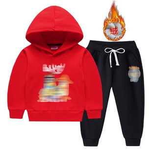 秋冬男女童小狗不鲁伊连帽卫衣套装儿童圆领加绒保暖两件套一体绒