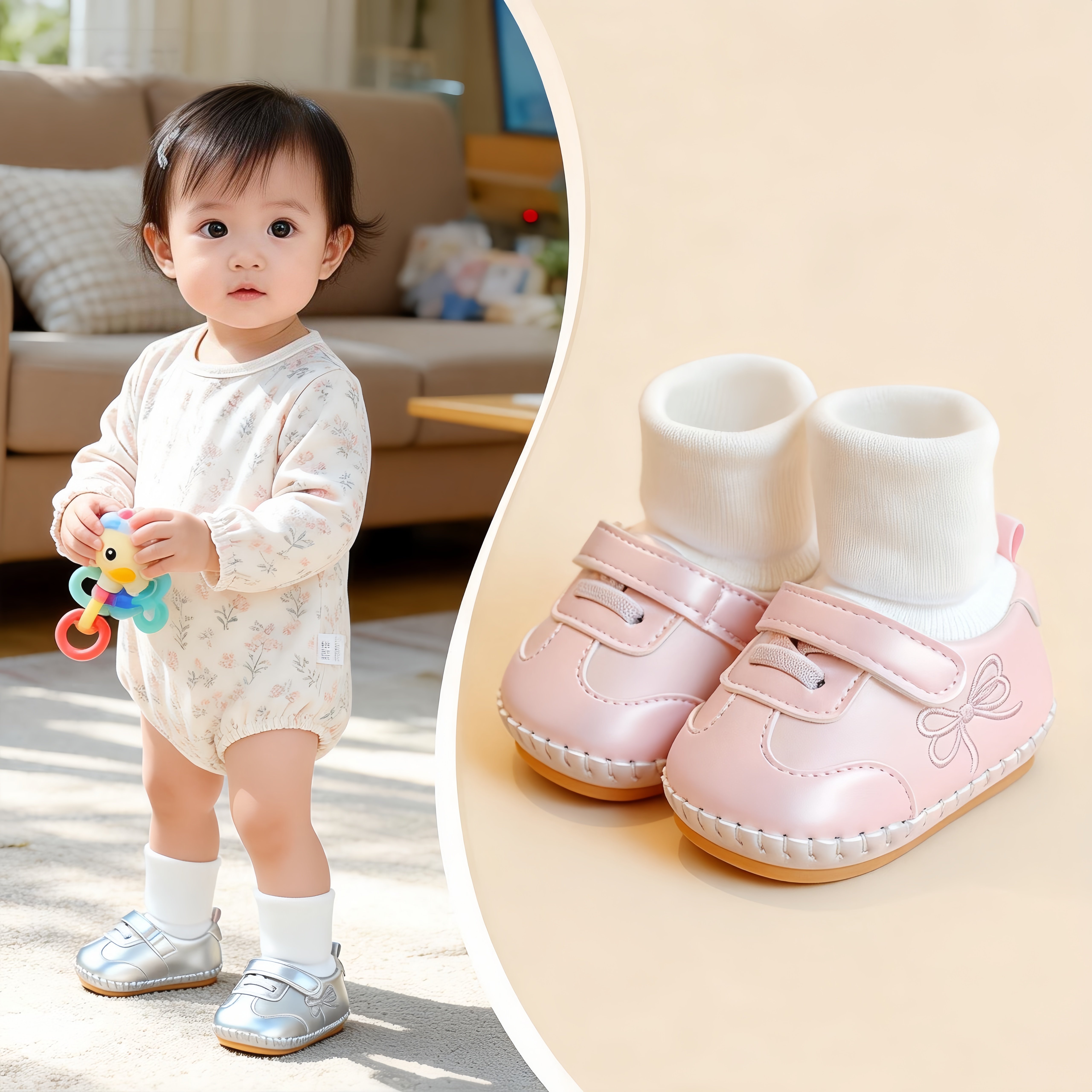 春秋上新一岁婴儿鞋子软胶底防滑步前鞋韩版女宝宝鞋子不掉跟鞋袜