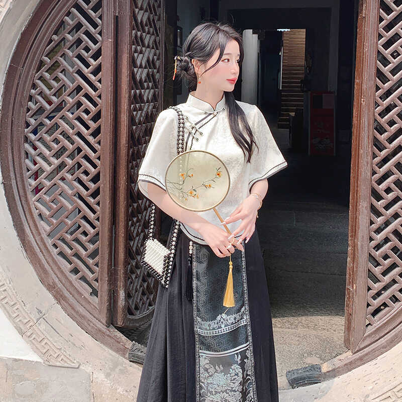 民国风女装短款旗袍上衣复古中袖茶服唐装女中国风套装两件套装裙