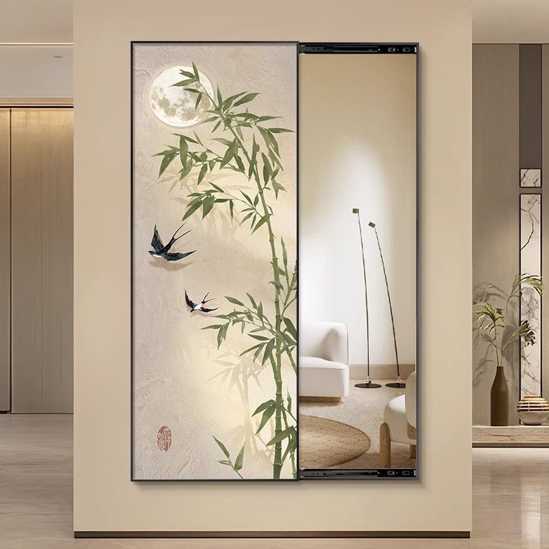中古风竹子隐藏式全身镜推拉试衣镜可关闭镜子装饰画家装挂墙壁画