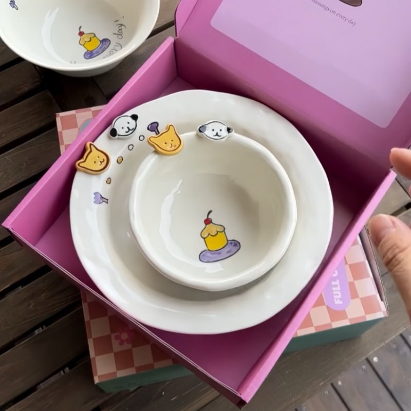 家用高温釉下彩陶瓷碗盘套装生日礼物餐具饭碗纽扣小狗菜盘碗碟子,餐饮具,盘,淘宝优惠券,粉丝福利购,淘宝优惠卷