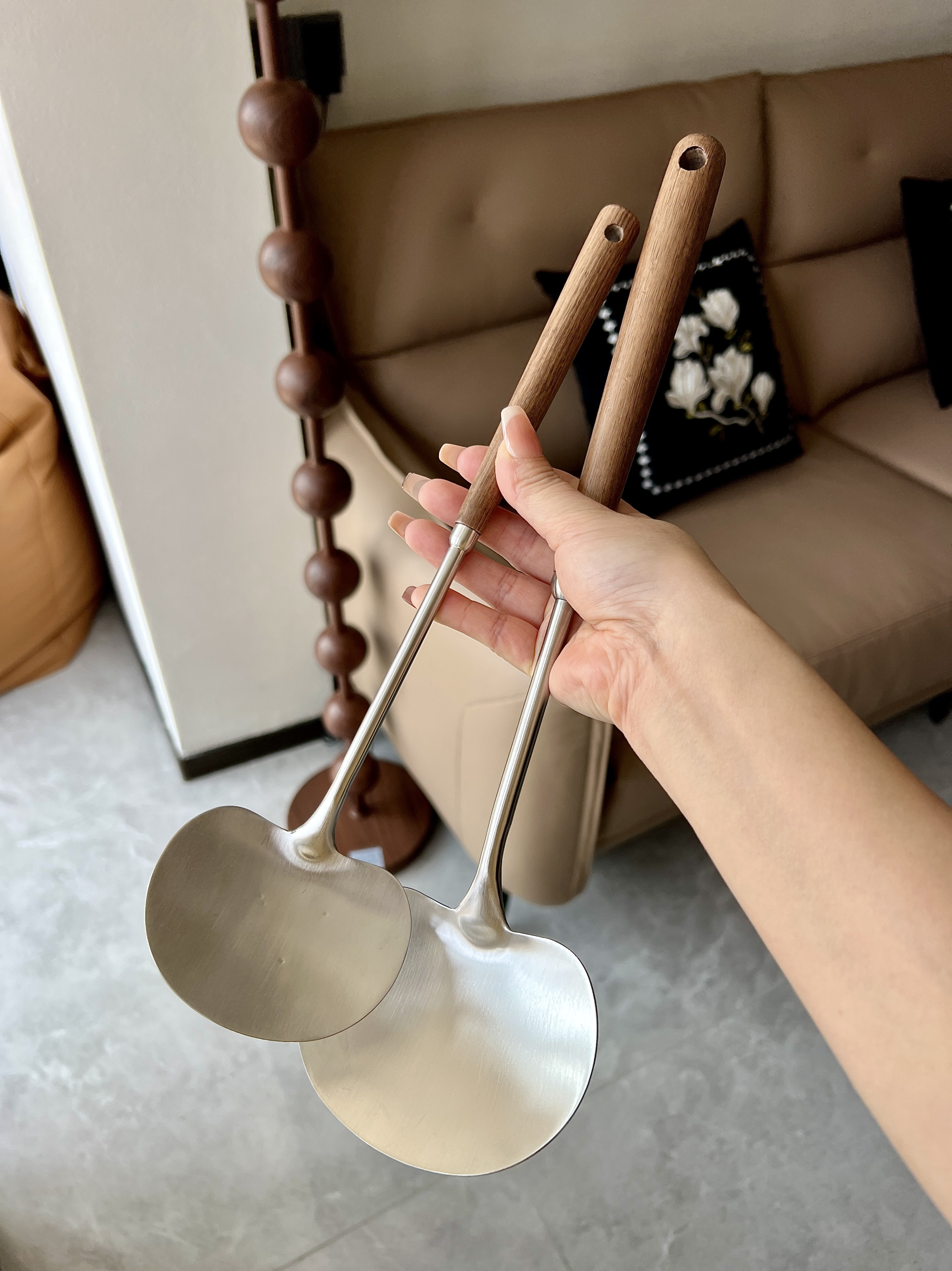 家用304食品级不锈钢炒菜铲子胡桃木柄防烫锅铲炒菜炒勺二合一铲