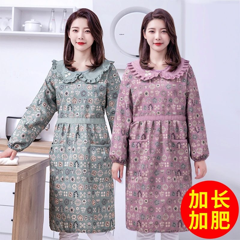 韩版女时尚加长加肥罩衣厨房家用加厚棉布长袖围裙可爱带袖工作服