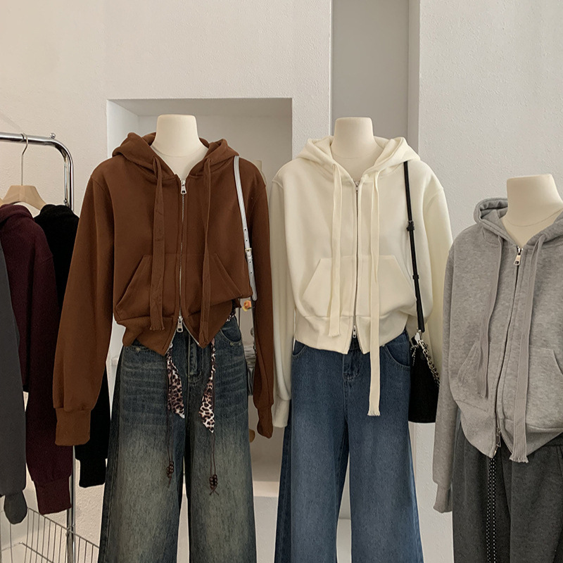 欧玛莱 抽绳连帽拉链开衫纯色长袖短款卫衣秋季休闲百搭上衣