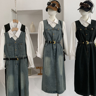 两件套送腰带女 欧玛莱 白衬衫 背心牛仔连衣裙配翻领长袖 6103 无袖