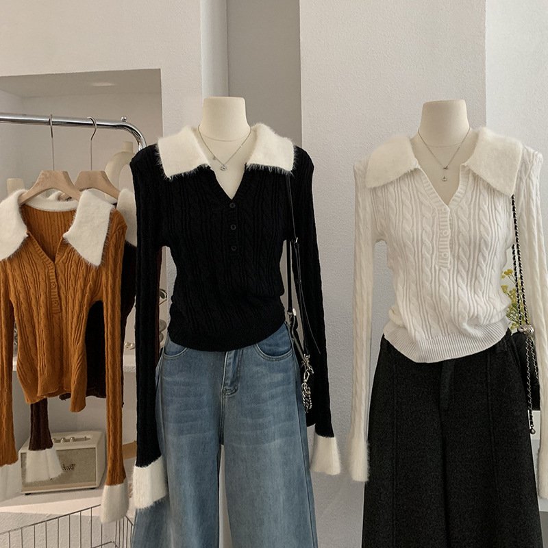 欧玛莱 温柔风气质翻领拼接毛毛麻花针织上衣秋冬修身打底衫 5852